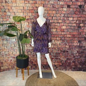 Charlie Jade, S/P dress with belt, purple/brown/black interesting back detail.